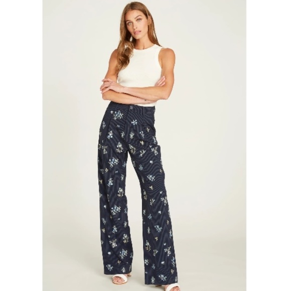 NWT DriftWood Nola Sky Pleated Pin Stripped Floral Embroidered Trouser Small - Picture 1 of 4